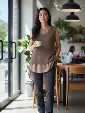 100% linen. Miilla Clothing Dusty Mauve/Taupe Sleeveless Knit Tunic